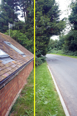 Sandpit Farm - Colletts Green Road
The yellow line shows where the hedge and trees grow beyond the property line, blocking what little verge there is along Colletts Green Road, Powick.  This view is taken looking east, back towards Powick.
Ключови думи: Sandpit Farms Colletts Green Worcester hedge verge Colletts Green Road