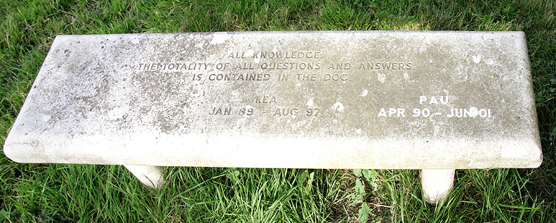 Kea and Pau's Bench
We've just had Pau's inscription added.  The main inscription reads, "All knowledge, the totality of all questions and answers, is contained in the dog."
Schlüsselwörter: Kea Pau memorial bench inscription Whitecroft bull terriers