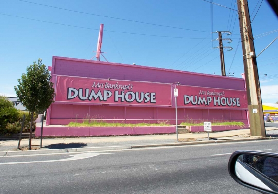 Only in Australia!!
Mrs. Bankrupt's Dump House, which we understand was previously Mr. Bankrupt's Dump House.
Keywords: Adelaide Australia Cathy Dump House John Marjorie South South Road