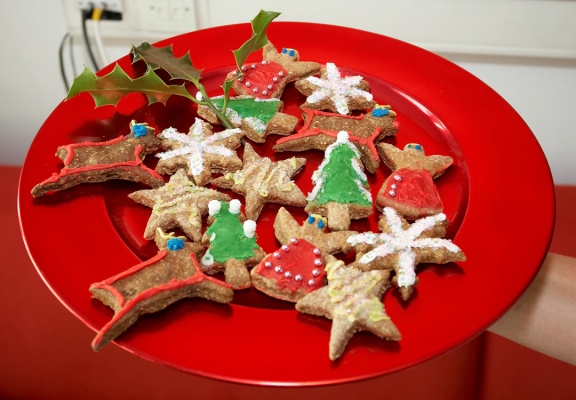 These look good enough to eat
The Christmas cookies we made for our doggie guests and decorated for the BBC World Service Cooking for Dogs live segment. While these are made for our doggie guests they can be eaten by humans - 'cept perhaps the reindeer ones.  They're liver!!
Keywords: BBC TV studios BBC World Service Christmas Cookies Cooking for Dogs Dog Hotel Lucies Farm Luxury Recipes