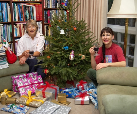 Cathy and Marjorie, Christmas 2006
Enjoying a glass of mulled wine before opening pressies --- Christmas morning, 2006.
Keywords: Cathy Marjorie Christmas Whitecroft presents