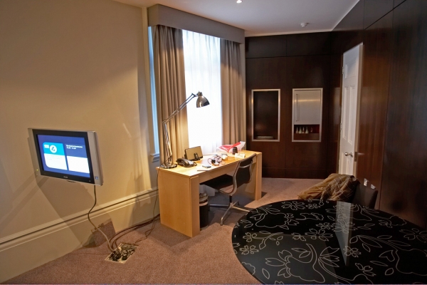Our Lounge at the Andaz Liverpool Street Hotel, London
No plug sockets (power points) near the desk --- note the wire contraption to the left.
Keywords: Accommodation Accomodation Andaz Desk Five Star Hotel Hotels Hyatt Liverpool Street Luxurious Luxury Suite Top Class