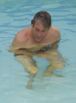 Not a good job to do with a hangover
Peter, the sound man for the RDF crew, taking a  breather after looking for broken glass from a light so that we could take a dog swimming for filming
Keywords: Crew Peter Pool RDF Sound Swim Swimming Television TV