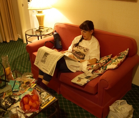 Marjorie in our Hotel Room
At the Renaissance Hotel in Manchester.  Our room --- paid for with Marriott "points" that we had somehow built up somewhere --- was surprisingly large and comfortable.
Keywords: Marjorie Renaissance Hotel Manchester Marjorie