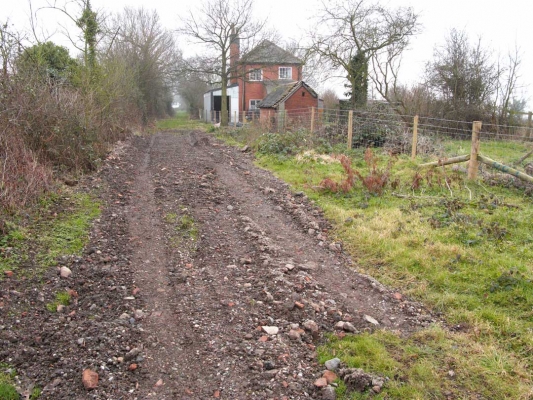 Lord's Wood Cottage and the Track
We put some hard core on our very waterlogged track, running on the eastern side o Lord's Wood Cottage.  Note how the lean-to garage has been reduced as a result of the move of the boundary to its correct location.  Lord's Wood Cottage, owned by Thomas Hawkins, seems to be abandoned.  This view is looking south down the track from the entrance to Lord's Wood.
Palabras Clave: Boundary Entrance Garage Hard core Lords Wood Lord's Wood Lord's Wood Cottage Track Woodland