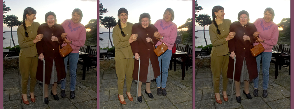 Marjorie and Cathy Giving Auntie Jean a Lift
Outside of the Osborne Hotel, twilight in mid-January 2007.
Keywords: Marjorie Cathy Auntie Jean Osborne Hotel Torquay