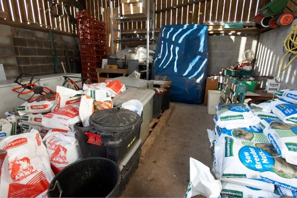 The Feed Storage Area
It was so nice to see sunlight --- it was even streaming into the feed storage area.  That's our electric paddle boat in the back.
Trefwoorden: Barn Feed Paddle Boat Storage Sunshine