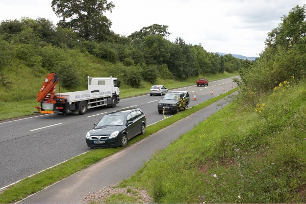 Crookbarrow Road and the Truckman
Showing the position of the Truckman, heading towards the M5 from Malvern on Crookbarrow Road.  The police put up cones and put lots of yellow crime scene tape on the Truckman, presumably after another driver rear-ended it.
Keywords: Truckman Crookbarrow Road Vauxhall rear end crime scene tape