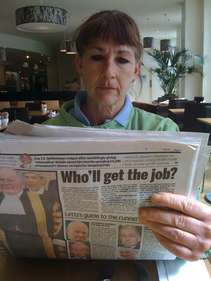Who will get the job?
Marjorie at the House of Fraser, in Manchester, waiting for breakfast.  Reading the depressing stories about MP's salaries.
Keywords: Marjorie House of Fraser Manchester