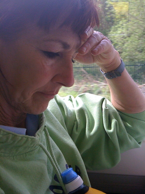 Marjorie on the Train from Birmingham to Malvern
We worked in Birmingham for a decade and never took the train from Birmingham to home.  Here's Marjorie, riding backwards (which she hates), on an extremely crowded mid-day, mid-week train.  It was truly awful -- I suspect a train in any third world country would be better.  Our first trip from Birmingham to Malvern Link.  And our last.
Palabras clave: Marjorie train Malvern Link