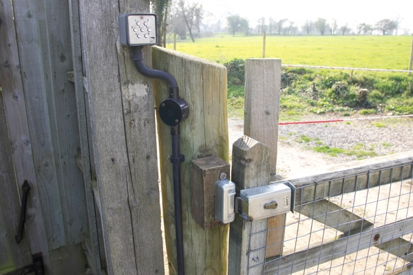 Latch on Stable Gate
This Came electronic latch was installed by Automation Gates in early 2005.  The stable gate is exposed to direct wind, and the installers indicated that the wind on the gate was breaking the arm that connected the gate with the motor.  At the same time, the motor was replaced with a different --- and presumably better --- motor.  The latch meant that when the gate closed it would be supported, against the wind, on both ends.  But the latch didn't always engage --- usually because of the wind.
Keywords: stable gate electronic latch Automation gate