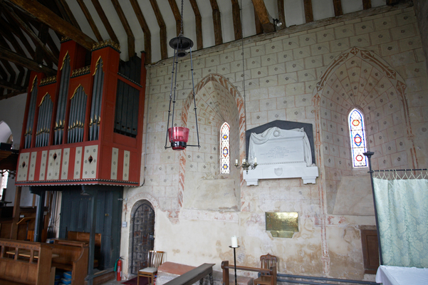 Interior of Martley Parish Church
Organ on the left, and 14th century trompe l’oeil painting on right.  This [url=http://www.paintedchurch.org/martley.htm]painting[/url] "was common enough in later periods, especially in Renaissance Italy, but it is very unusual to find it in an ordinary parish church of this period. This was made by a very highly-skilled painter indeed.  [...] The 'Stoning and Roses' pattern of unusual delicacy, with a stemmed flower in each illusionistic brick."
Keywords: Church Inside Interior Martley Martley Parish Church Parish Parish church Worcestershire