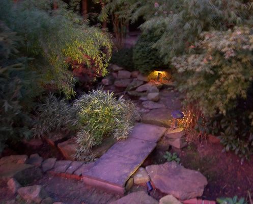 A magical, mysterious place
The little stone bridge crosses the stream that separates Whitecroft from the back field.  There's a leak in the little waterfall in the fountain:  a project for another day.
Ключові слова: Whitecroft garden November sunset waterfall stone bridge