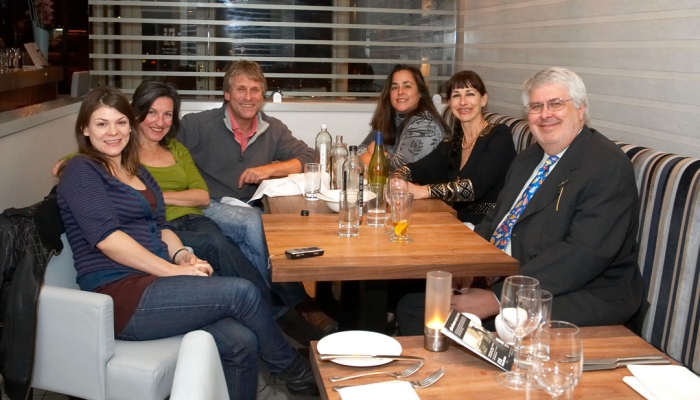 We're feeling pretty chilled
From left to right: Cathy, Celine, Peter, Julie, Marjorie, Craig.  It looks like the wrap up party but there were 3 more days of filming to go.
Keywords: Cathy Durban Celine Gilbert Craig Julie Wong Marjorie Peter