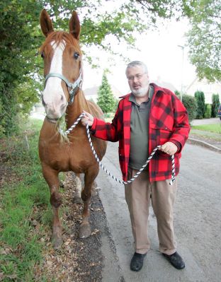 Ash the Horse and Me
My foot is really bothering me, so although we were taking Ash a short distance, Marjorie followed in the car so I wouldn't need to walk back.  What a bummer.  Ash was like walking a big dog.  And she kept nibbling the grass along the way.
Ključne besede: Ash horse grass red jacket Craig