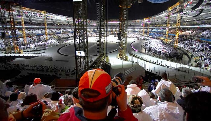 Before the Opening Ceremony - 2006 Winter Olympics
The view from our seat at one end of the Stadio Olimpico, before the ceremonies began.  In addition to the problems I had climbing to our seats, our view was obstructed by the large scaffolding -- and virtually all of the show took place at the other end of the Stadio.
Keywords: Torino Winter Olympics Stadio Olimpico opening ceremony
