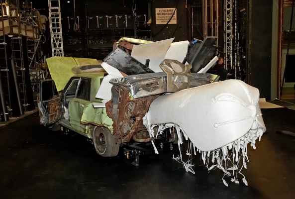 The Chrysler Imperial and Cow Dummy
It was hoped that Ross would mount the white plastic cow dummy (covered with a cow hide during the performance of [i]Guardian of the Veil[/i].  A similar dummy was sent to us at Lucies Farm to see if Ross was "interested."  He wasn't.
Keywords: Chrysler Imperial cow dummy Guardian of the Veil Matthew Barney