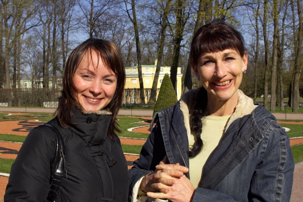Marjorie with our Guide, Maria Smolentseva
At Catherine's Palace in Pushkin, about 12 miles from St. Petersburg.  Maria is an excellent guide, and spoke very good English.  
Keywords: Maria Smolentseva guide Marjorie Catherine's Palace Pushkin Russia