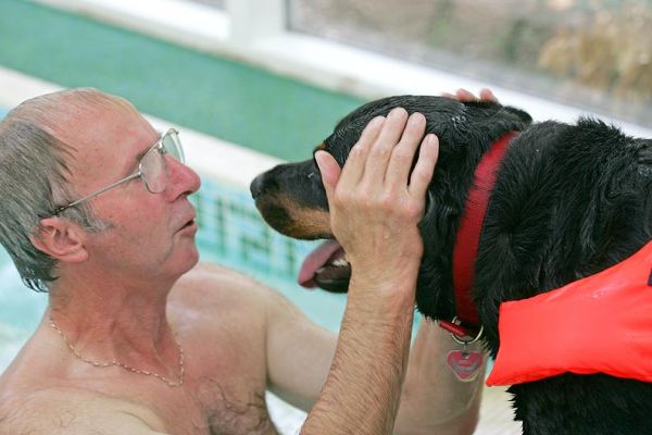 Vic Telling Missy She's a Good Girl
After her swimming session in the pool, Missy went around to all of us (there were three of us off camera) to give us all a cuddle.  
Palabras clave: Missy Rottweiler canine hydrotherapy swimming dog Ritz Canine Lucies Farm dog resort Vic