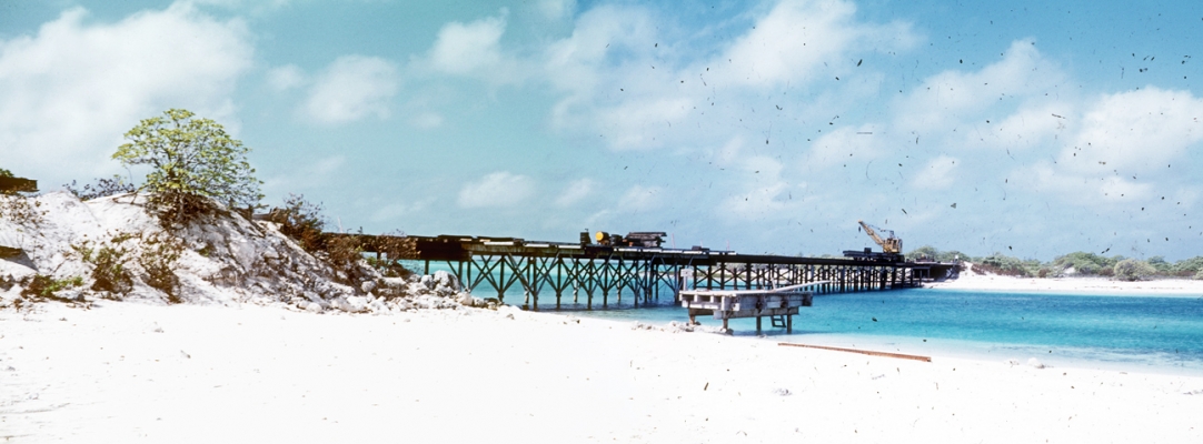 Panoramic Image of the Bridge Between Wake and Peale Islands
As best I can tell from the map of Wake Island this is the bridge between Wake Island and Peale Island.  The water beneath leads into the lagoon.  It appears that the bridge is under construction.  I think this photo --- actually two slides stitched together --- is circa 1953.
Ключові слова: Atoll Atolls Bridge Island Islands Ocean Oceans PAA PAAVille Pacific Ocean Pan American PanAm Peale Island Wake Island