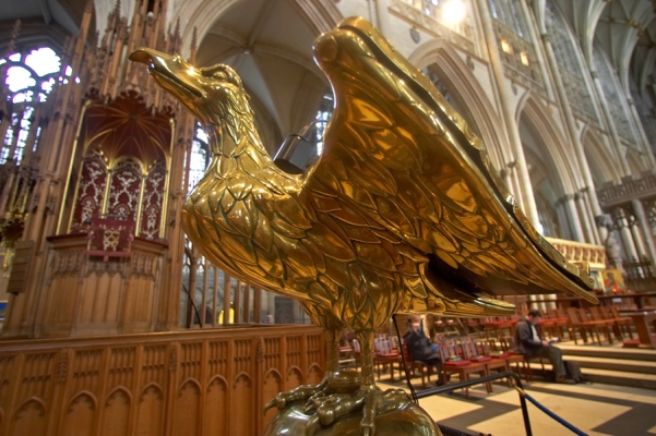 Eagle at York Minster Cathedral
This bird (I think an eagle) holds the [i]Bible[/i].
Klíčová slova: York Minster Cathedral Bible eagle scripture