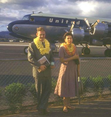 The Newlyweds -- Honolulu Airport, Summer 1948
My father and mother on arrival in Honolulu, for the first meeting with Nana and Baba --- my maternal grandparents.  
Keywords: Nana Baba United Airlines Honolulu Airport Shirley John