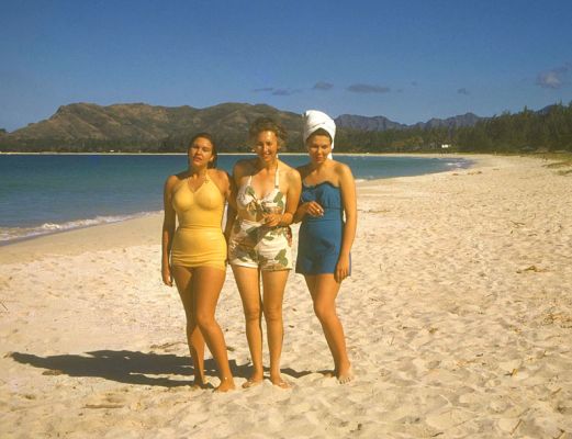 Birdie, Nana, and My Mother
On the beach at Kaneohe.  No signs of kids in the photo, so I would say this is 1948.  The lush Kodachrome look to this photograph reminds me of 1950's Hawaii.
Ключові слова: Kaneohe Beach Kodachrome Birdie Nana Shirley
