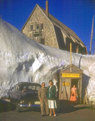 The Comfort Station
The location and date of this photograph are unknown, but I'm guessing it's not Hawaii.  My grandfather, Baba, with my aunt Birdie outside the "comfort station."
Keywords: Comfort Station Baba Birdie snow blue sky