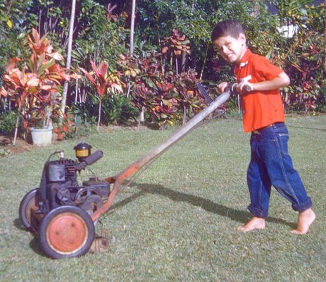 Pushing A Lawn Mower
The Health and Safety people would be thrilled to see me pushing what appears to be a gas-operated lawn mower --- with no shoes.  Makes my toes curl even now, over half a century later.
Palabras Clave: lawn mower Dowsett Avenue Craig