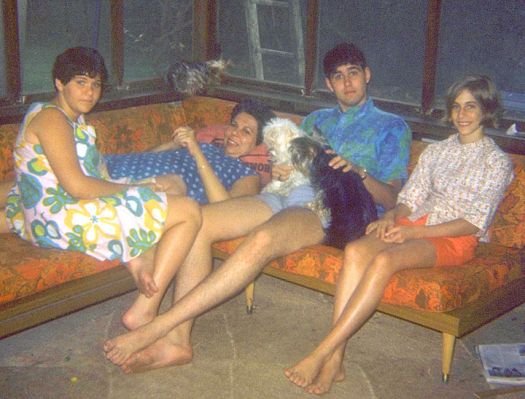 On The Lanai at 1080 Makaiwa Street
I think this is around 1964 or 1965.  On the screened lanai at 1080 Makaiwa Street:  Shauna, our mother (reclining), me, and one of Shauna's friends.  The usual assortment of dogs:  two on my lap, and one on the window ledge.
Palabras clave: dogs Makaiwa Street Craig lanai Shirley Shauna