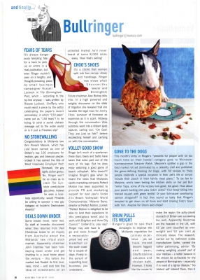 Business Insider Magazine
[i]Business Insider[/i] magazine said the recipes in [i]Cooking for Dogs[/i] are so tempting that Ringer is "tempted to get down on all fours and start sharing Fido's bowl with him.  Anyone for Chum and Chips?"
الكلمات الإستدلالية(لتسهيل البحث): Business Insider Ringer Tapa Cooking for Dogs English Bull Terrier pizza