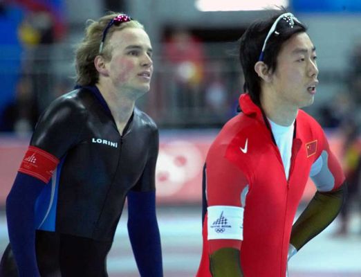 Skaters at the 500m Men's Speed Skating Championship
Oval Lingotto, February 13 2006
Keywords: speed skating championship Olympics men's skating Japanese skater