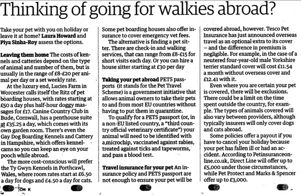 "Thinking of going walkies abroad?"
[url=http://www.guardian.co.uk/money/2008/jul/19/insurance.consumeraffairs1/print]The Guardian[/url] did an article about dog kennels on 29 July 2008, and described Lucies Farm "at the luxury end."
Keywords: Guardian Newspaper luxury dog resort walkies abroad