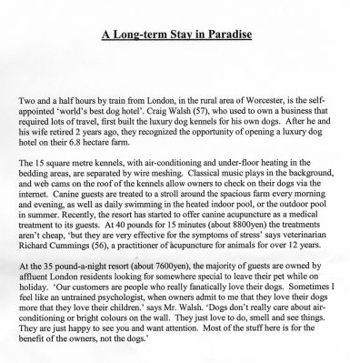 English Translation of Article from [i]Tokyo Shimbun[/i]
This is the English translation of the article about Lucies Farm that appeared in the [i]Tokyo Shimbun[/i], a large daily newspaper in Japan.
Keywords: Tokyo Shimbun Kobe beef Lucies Farm luxury dog hotel Japanese newspaper