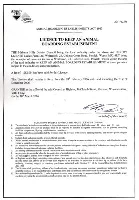 Malvern Hills District Council Dog Kennel License
We are licensed under the Animal Boarding Establishments Act 1963, license 441/06.
Trefwoorden: Malvern Hills District Council dog kennel license Animal Boarding Establishments Act