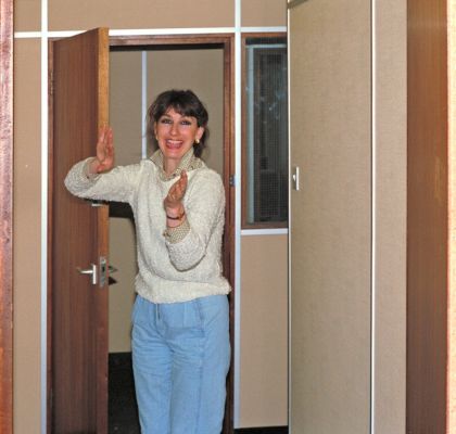 Marjorie in the New Transax Offices
Marjorie enters into our new 9th floor offices in Tricorn House, Edgbaston, Birmingham.  Photographed in the autumn of 1987, as we prepared to move from the bus barn on Waterworks Road.
Keywords: Marjorie Tricorn House Transax offices cheque guarantee firm Edgbaston