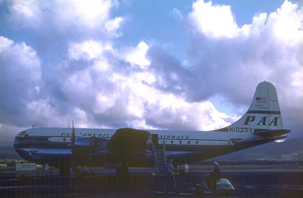 Pan Am StratoCruiser Aircraft - Honolulu Airport
I remember flying from Honolulu to Bangkok, most of it via [url=http://www.boeing.com/history/boeing/m377.html]StratoCruiser.[/url]  We dressed for the flight.  There was a lounge downstairs, which we reached via a spiral staircase.  We flew Honolulu - Wake - Guam - Manila - Hong Kong and then on to Bangkok.
Ключові слова: StratoCuriser PanAm Pan American World Airways Honolulu Airport
