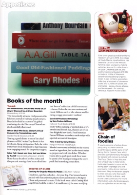 Waitrose Food Illustrated - December 2007
A. A. Gill puts "Cooking for Dogs" in the Books of the Month section --- but on the "Shelves of Shame."  Please double-click the thumbnail and then double-click again to get an image that you can read.
Keywords: A. A. Gill Shelves of Shame Waitrose Cooking for Dogs book review