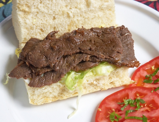 Scottish | Kobe Beef Teriyaki Steak Sandwich
Scottish | Kobe beef, cut 8mm thick, marinated in teriyaki sauce, and cooked briefly on the barbeque.  Served with some fresh tomatoes, and on a fresh roll.
Keywords: teriyaki steak sandwich Scottish | Kobe beef Jack Hawkins tomatoes barbeque tender thin