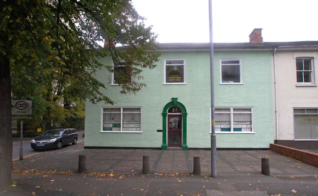 The Front of Doorbars HQ in Worcester
Freshly painted --- the green is much more pleasant than the previous unpainted 1960's concrete pebbledash look.  October 28 2006
Keywords: Doorbars Worcester paint pebbledash Worcester