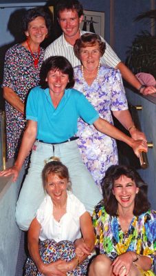 Dinner in Adelaide, Australia
We had dinner at a restaurant with a lovely view out over the lights of Australia.  Cathy and Marjorie in the front (Marjorie is "too loud"), Little Legs in blue shirt (she's "shellfish"), Marjorie 1, Little Kevin Badger, and Irene Burns.
Keywords: Marjorie Cathy Irene Burns Little Legs Kevin Badger Adelaide