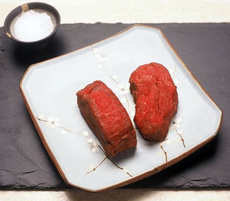 Scottish | Kobe Fillet Steaks
Two prime, aged Scottish | Kobe fillet steaks.  Unfortunately, each steer only provides 17 to 18 fillet steaks, and we package them in a pair.  So we only receive eight or nine packages from each steer.  As a result, there is always a back-order situation for fillet steak.  You can join the queue at [url=http://www.luciesfarm.co.uk/acatalog/Scottish___Kobe_Steaks.html] the Lucies Farm e-commerce site.[/url]
Keywords: Scottish | Kobe beef, fillet, fillet steak, filet steak, aged beef, Kobe beef