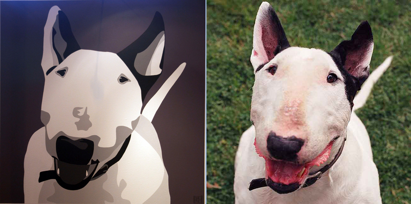 Smiling Kiko and -- Well, Smiling Kiko
They say imitation is the sincerest form of flattery.  They're wrong. We went to Crufts today, and there smiling from Emily Burrowes booth was a large painting of a bull terrier.  It looked familiar --- very familiar.  Marjorie took a photo of it.  Here's Emily's painting (on the left) and our photo, posted on this gallery in 2004 and covered by our copyright, on the right.  Neither have been cropped in any way.  Look familiar?  Look at the collar end, the shoulders, teeth, markings on the nose.  
Anahtar kelimeler: smiling Kiko Emily Burrowes copy imitaton Crufts
