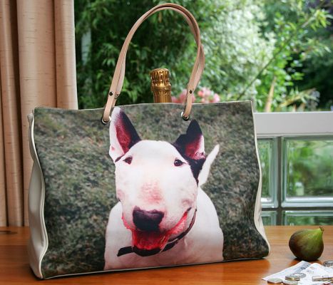 Kiko's Portrait on Custom Leather Handbag
Our photograph of Kiko on one side of this canvas and leather handbag, and our photo of Tapa on the other side.  Leather handles, fully lined.  The quality of the photographic reproduction is excellent.  Now available from Lucies Farm -- using any of the images on this website.
Keywords: Kiko leather handbag photo canvas Lucies Farm dog hotel dog boarding bull terrier dog kennel