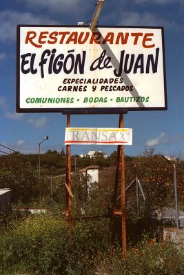 El Figon de Juan -- and Transax
We used a company that specialised in employee motivation and incentive travel -- [url=http://www.maritz.com/]Maritz[/url] --- to assist us with our second sales conference at Transax.  Maritz sent us to Marbella, Spain.  One of the activities was a "rally," where we divided into teams, each in a small jeep-like thing.  The goal was this lunch spot.  Doesn't that restaurant sign look inviting?  Hmmm.
Keywords: Maritz Transax sales conference incentive travel Marbella El Figon de Jan Restaurante
