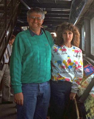 Marjorie and Me, Eiffel Tower, 1989
I barely recognize Marjorie in this photograph.  While I don't remember Marjorie looking like that (what's with all the hair?) I remember buying that Lacoste green sweater in Paris.  I still have it.
Keywords: Marjorie Eiffel Tower Lacoste green sweater Craig Paris