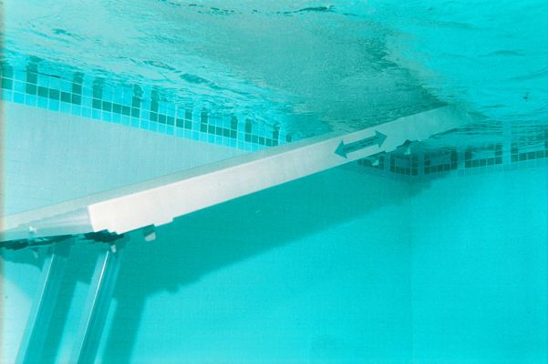 Underwater View of the Pet Ramp
This is a solid ramp, with a grooved non-skid surface.  The sturdy metal legs hold it down to the pool bottom.  The bottom of the ramp is deeper than the dog's feet when the dog starts to swim.  The pool is only 4.5 deep, with a level bottom throughout.
Palabras clave: pet ramp PetRamp swimming pool canine hydrotherapy dog swimming Lucies Farm dog resort
