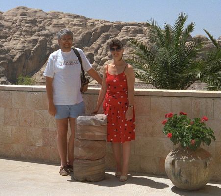 Craig and Marjorie By The Hotel Pool, Petra
It was very hot at Petra (100 degrees+), so we enjoyed a dip in the hotel pool near Petra, in Jordan.  I'm glad to see that I was flying the corporate Transax colours.
Ключові слова: Petra hotel pool Jordan Marjorie Craig Transax t-shirt