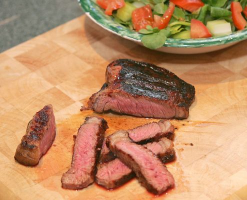 Cooked Picanha Steak
We did not cut this when it was on the grill -- this kept the juices inside.  When we cut it, hot, on the cutting board, the delicious melted Kobe fat just poured out.  Delicious with a simple salad.
Keywords: Picanha steak fat Scottish | Kobe beef meat juices fat Lucies Farm salad