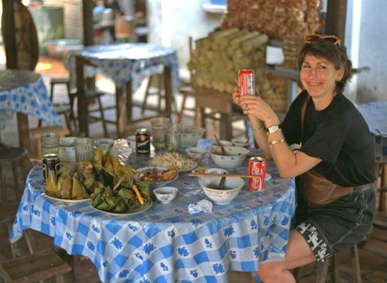 Marjorie at a Roadside Restaurant in Viet Nam
We just stopped by the side of the road, and this "restaurant" was in essentially a tent.  We had a delicious meal, and didn't get sick.  And then we go to [url=http://www.mamounia.com/]La Mamounia[/url] in Morocco, pay a fortune for our room and meals, and get food poisoning.  Ironic.
Mots-clés: roadside cafe Viet Nam Marjorie